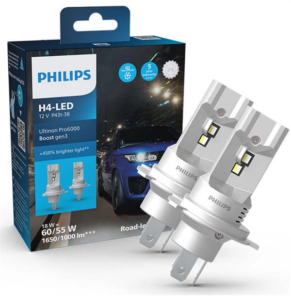 Philips Ultinon Pro6000 Boost Gen3 H4 +450% LED - ECE godkendt (2 stk.)
