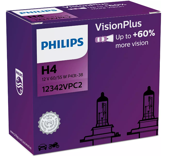 Philips H4 Vision Plus +60% lys (2 stk.)
